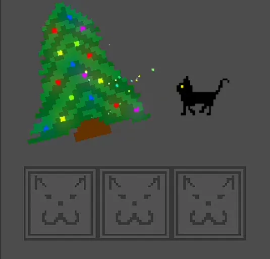 A black pixel-art cat, a Christmas tree, and platforms decorated with cat faces.